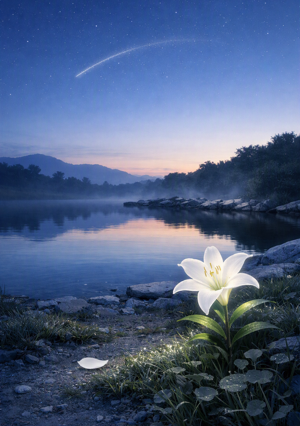 夜明け前の泉のほとりに白いユリが咲き、空には星の残光が細い弧を描いてほどけていく幻想的な風景
